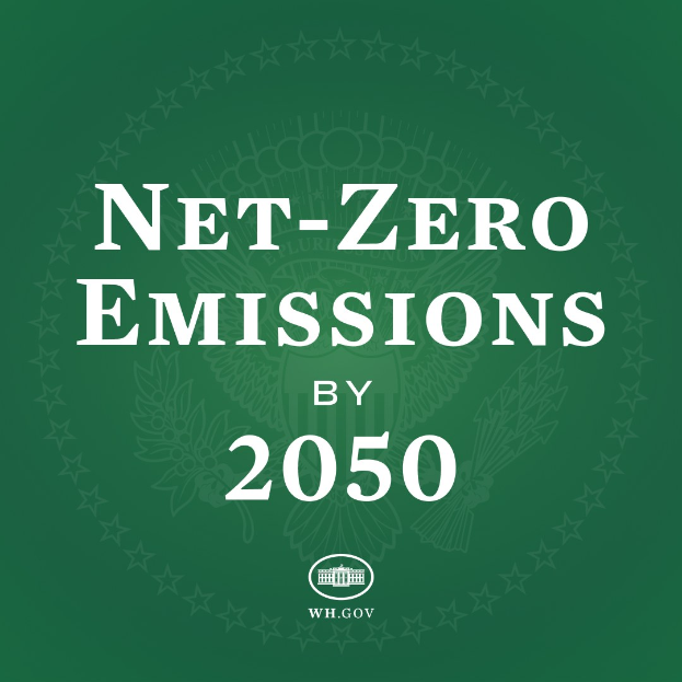 Weißer Text auf grünem Hintergrund liest "net-zero-Emissionen bis 2050" in fetter Schrift.