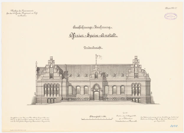 Eine Zeichnung des Hauptsaals des Deutschen Bundestages in Berlin, Deutschland, mit einer Flagge oben drauf, begleitet von beschreibendem Text.