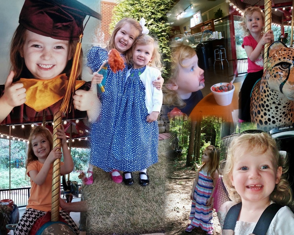 Ein Collage-Bild mit Achterbahnfahrten, einem Tisch mit Lebensmitteln, darunter ein Becher und ein Löffel, verschiedenen Gegenständen, Lichtern, einer Wand, Sträuchern, Bäumen, Gras, einem Seil und einem Hut.