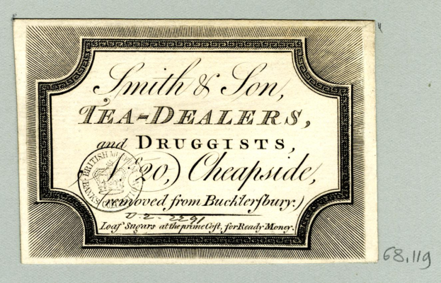 Ein Blatt Papier mit der Aufschrift "Smith & Son Tee- und Drogeriewaren, 20 Cheapside".