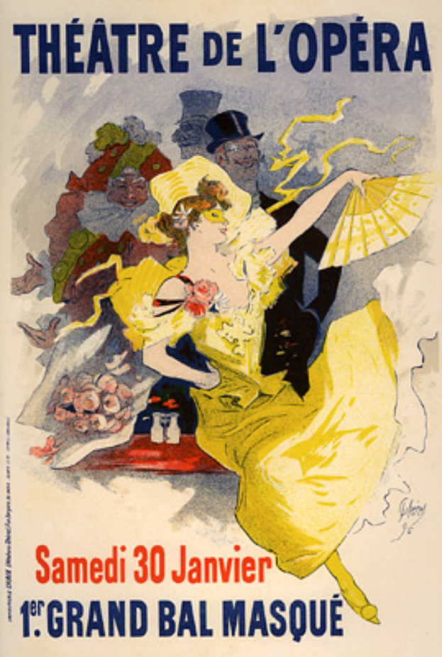 Ein Plakat, das das Théâtre de l'Opéra in Paris ankündigt, zeigt eine Frau in einem gelben Kleid umgeben von anderen Menschen und Text.