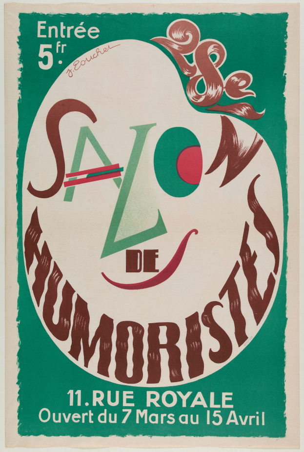 Ein Plakat, das eine Humoristenveranstaltung in Paris, Frankreich, ankündigt, mit Text, der die Angebote des Salons beschreibt.