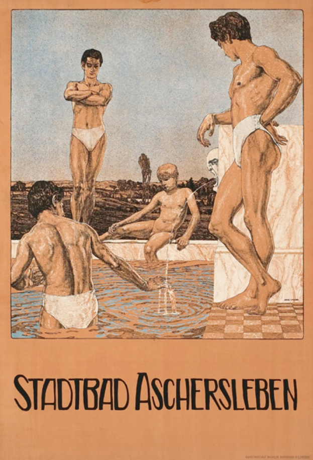 Eine Gruppe von Menschen, die im Wasser steht und eine Person, die im Pool sitzt, mit Text, der Informationen über das Schwimmbad und seine Einrichtungen bereitstellt.