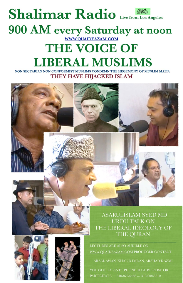 Plakat für "Die Stimme der liberalen Muslime"-Radioshow mit Bildern von Menschen mit Headsets und Mikrofonen im Gespräch.