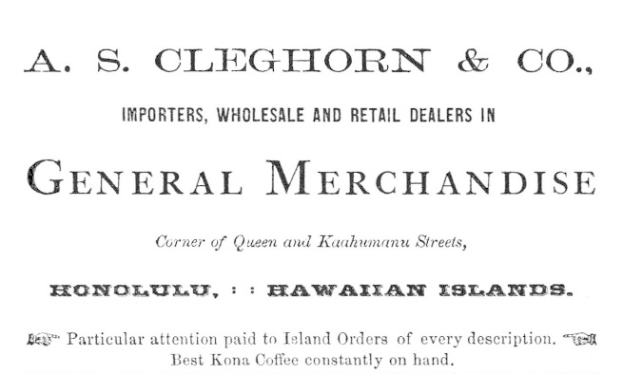 Schwarz-weißes Papier mit gedrucktem Text "A.S. Cleghorn & Co. Importeure, Groß- und Einzelhandelshändler für Allgemeine Handelswaren."