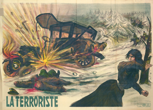 Ein Filmplakat für "La Terroriste" mit einer chaotischen Szene mit Menschen, Fahrzeugen, Bäumen und anderen Gegenständen in leuchtenden Farben und fetter Schrift, um Dringlichkeit und Gefahr zu vermitteln.
