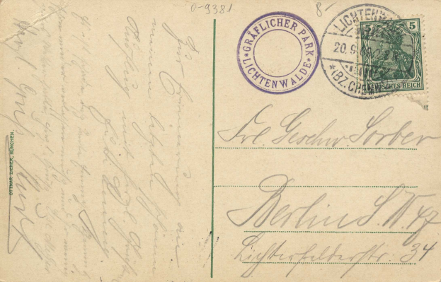Alte Postkarte mit einer Briefmarke, auf der "Lichtenwald, Deutschland - Einschreiben nach Deutschland" steht, sowie handgeschriebener Text und zwei zusätzliche Stempel in der rechten oberen Ecke.