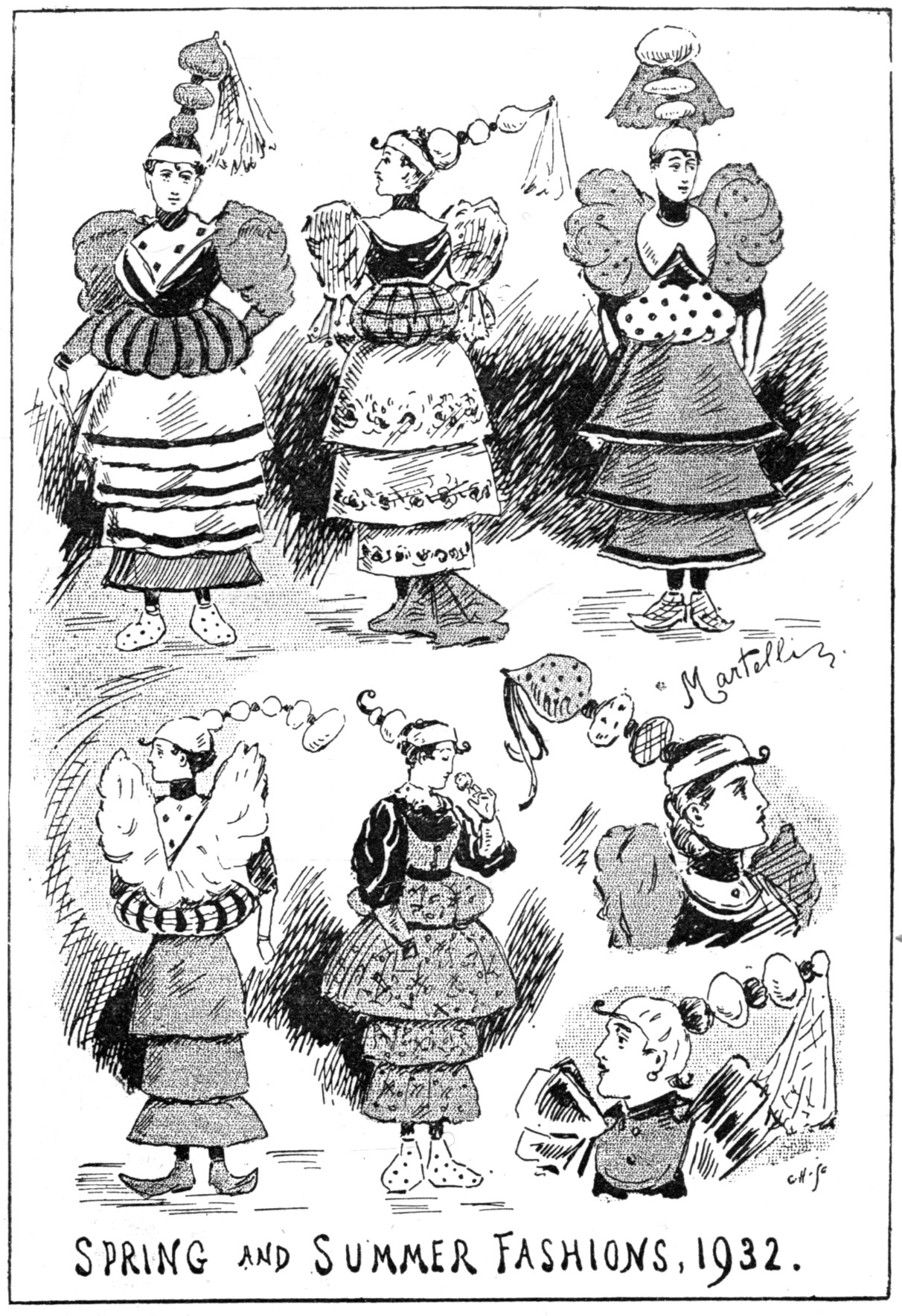 Modeillustration aus dem Jahr 1932, die Frauen in Frühjahrs- und Sommerkleidern zeigt, begleitet von beschreibendem Text.