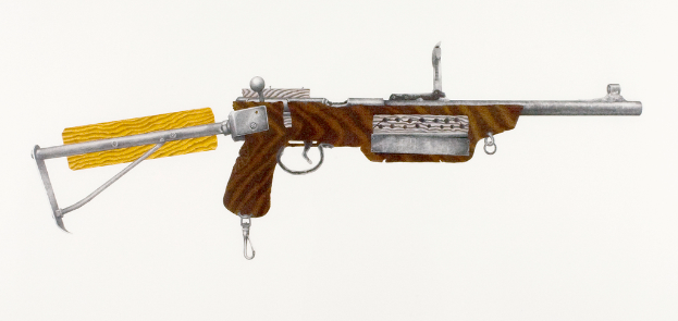 Ein Gewehr vor einem einfarbigen Hintergrund.