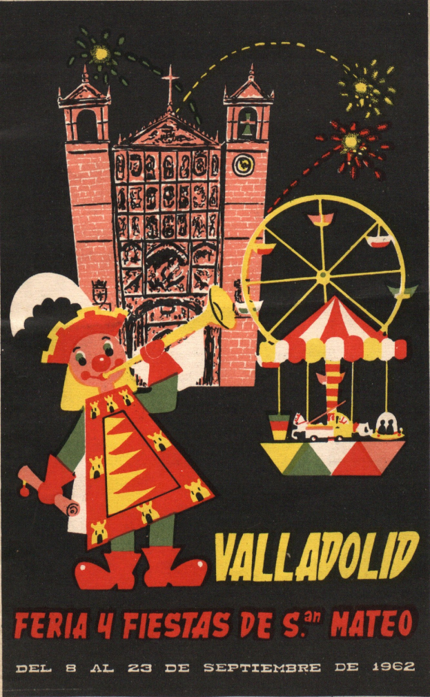 Buntes Karnevalplakat in Valladolid, Spanien, mit einem Gebäude, einem Riesenrad, einem Spielzeug und festlichem Text.