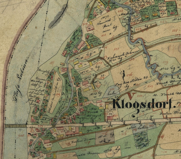 Ein detaillierter alter Stadtplan von Kloosdorf, Deutschland, mit Straßennamen, Gebäuden und Sehenswürdigkeiten mit Textbeschriftungen.