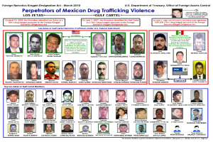 Plakat mit der Überschrift "Verbrecher der mexikanischen Drogenkriminalität" auf hellblauem Hintergrund, das Bilder von verschiedenen Personen mit ernsten Gesichtern und fetter schwarzer Schrift in einem weißen Rahmen zeigt.