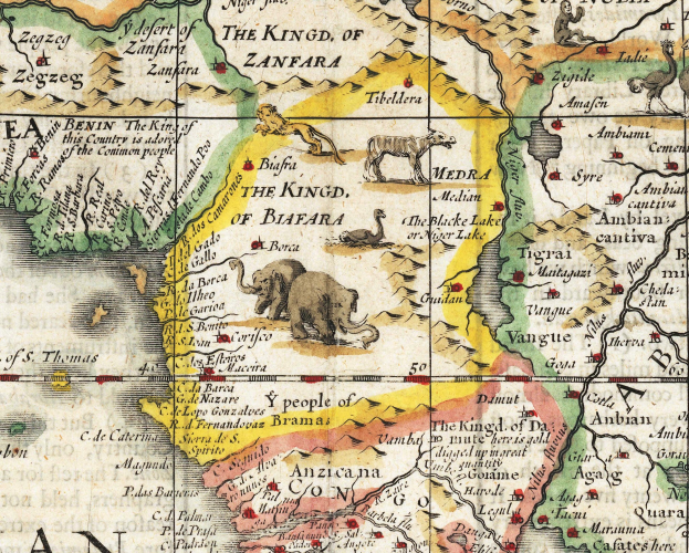 Ein detailliertes altes Afrika-Karte mit Ländern, Regionen und Abbildungen von Elefanten, Giraffen, Zebras und anderen Wildtieren sowie Textbeschriftungen von Städten, Flüssen und Bergen.