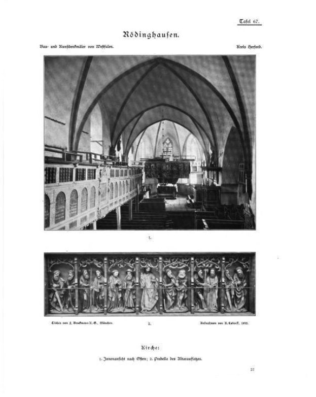 Schwarzes und weißes Foto eines Kircheninneren mit Geländern, Treppen und einem Tisch mit Gegenständen, mit je einem Porträt am unteren Rand, jeweils beschriftet mit "Rödinghausen, die Kirche des Heiligen Grabes".