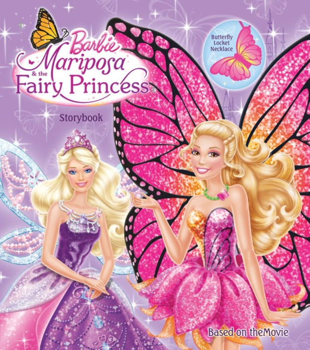 Ein Plakat mit zwei Baby-Mädchen mit Flügeln, beschriftet mit "Barbie mariposa feenprinzessin" oben.