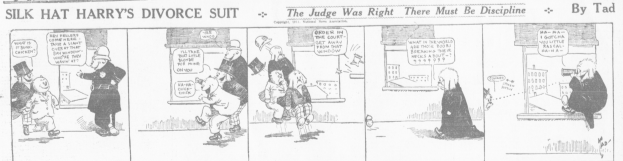 Eine Karikatur eines Mannes in einem schwarzen Anzug und einer Frau in einem eleganten Kleid mit einem schwarzen Schultertuch, beide mit ernsten Gesichtern, mit dem Text "Scheidungsklage" auf dem Bild.