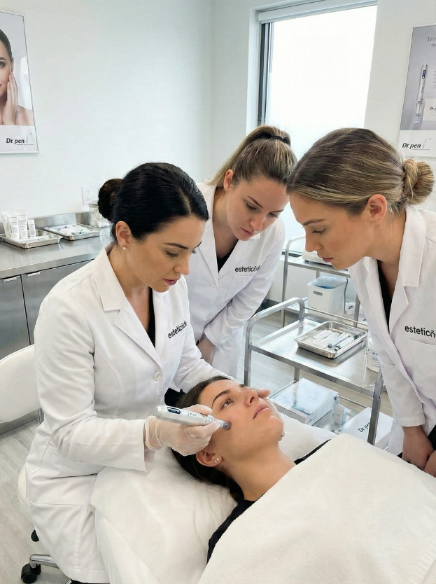 Eine zeitgemäße Kosmetikpraxis: Drei Fachkräfte in professioneller Kleidung führen konzentriert eine Gesichtsbehandlung durch. Die Atmosphäre strahlt Präzision und Expertise aus, während moderne Hautpflege-Technologien in einer hygienischen Umgebung zum Einsatz kommen.