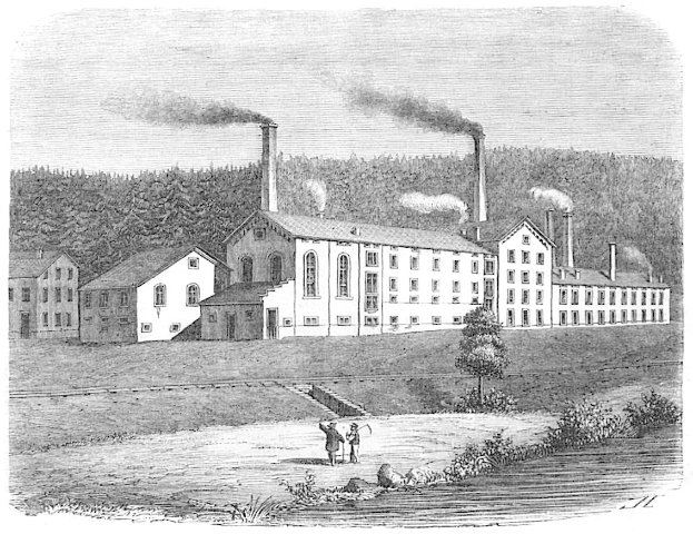 Eine Schwarzweiß-Radierung eines fabrikähnlichen Gebäudes mit der Aufschrift "New York State Penitentiary" und Rauch, der aus seinen Schornsteinen aufsteigt, umgeben von Bäumen, Pflanzen und Menschen.