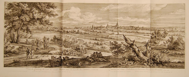 Offenes Buch mit der Aufschrift 'Ansicht der Schlacht von Castellum und Castellium, aus der Illustrated London News' mit einer Landschaftsillustration mit Menschen, Bäumen, Pflanzen, Gebäuden und Wolken.