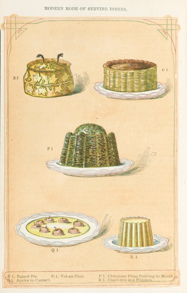 Ein Buchumschlag mit Illustrationen verschiedener dekorierter Kuchen auf Tellern, begleitet von beschreibendem Text über ihre Zutaten und Toppings.