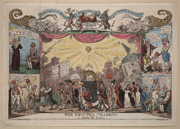Ein Plakat auf einem Tisch oder an der Wand, das Menschen bei einer Demonstration mit Schildern zeigt, mit Cartoon-Teufeln oben.