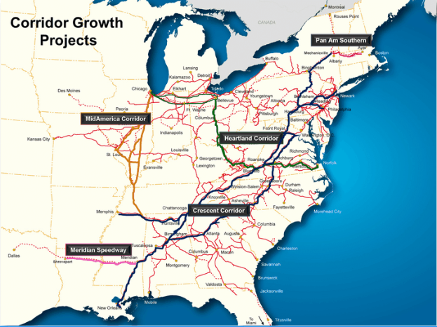 Ein Plakat mit einer detaillierten Karte der Vereinigten Staaten, die Straßen und Highways hervorhebt, betitelt mit "Corridor Growth Projects" in fetter schwarzer Schrift auf einem hellblauen Hintergrund.