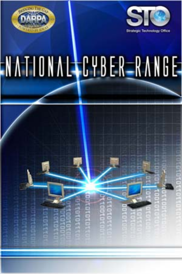 Ein Plakat mit "Nationaler Cyber-Raum" in fetter weißer Schrift auf blauem Hintergrund, das eine Weltkugel mit verbundenen Computern zeigt.