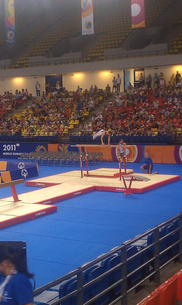 Eine Stadionszene mit Menschen auf Stühlen sitzend, andere im Hintergrund stehend, Werbetafeln oben, Treppe in der Mitte und eine Person, die in der Mitte Gymnastik betreibt.