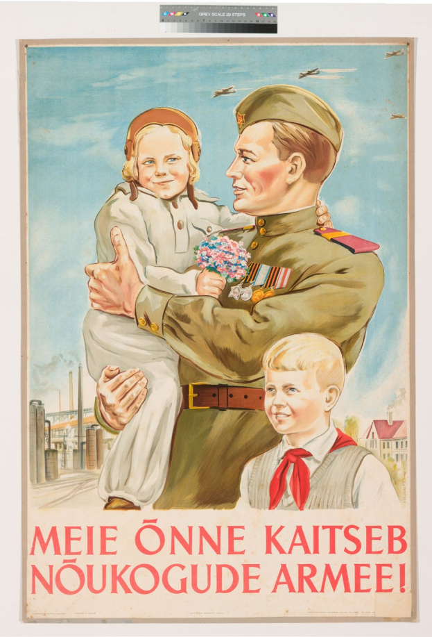 Ein polnischer Weltkriegspropagandaplakat, das einen Mann mit einem Kind und zwei weiteren Kindern zeigt, begleitet von Text.