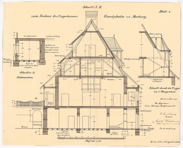 Ein detailliertes architektonisches Zeichnung eines historischen Hauses mit zahlreichen Fenstern und einem Dach, das als erstes Haus in Deutschland gilt, begleitet von Plänen und Text auf Papier.
