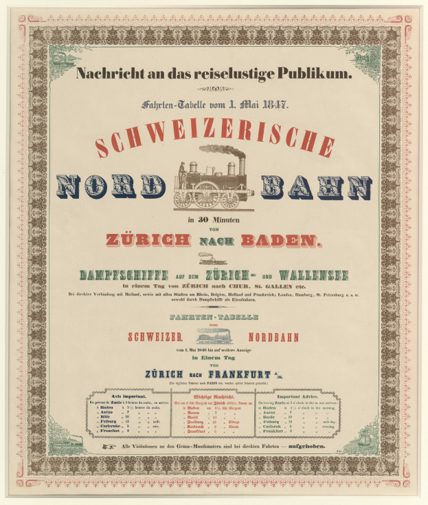 Plakat mit einem Zug mit der Aufschrift "Schweizerische Nordbahn in Baden, Deutschland" in der Mitte auf einem hellgelben Hintergrund mit einem schwarz-weißen Karomuster und einem dekorativen Rahmen.