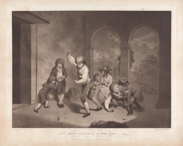 Kinder spielen ein Spiel mit Stecknadeln in einem Raum mit Wänden, Säulen, Bäumen und einem bewölkten Himmel im Hintergrund; Text unten lautet "Jungen beim Stecknadeln spielen".