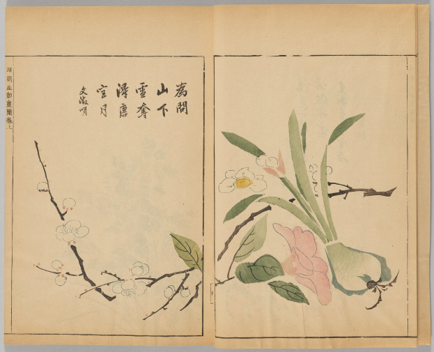 Ein aufgeschlagenes Buch mit einem traditionellen japanischen Gemälde von leuchtenden, detailreichen Blumen in voller Blüte und saftigen grünen Blättern sowie kursivem Text.