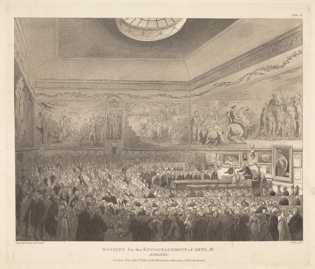 Gravur eines großen Raums mit stehenden und sitzenden Menschen, Fotorahmen an den Wänden und einer Decke, mit Text unten lesend "Gesellschaft zur Förderung der Künste."