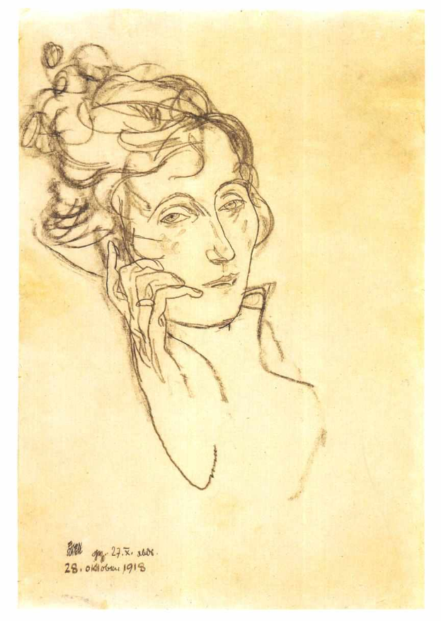 Ein Porträt einer Frau mit der Hand auf ihrem Kinn, gezeichnet von Egon Schiele, mit dem Text "Egon Seurat - Porträt einer Frau" auf dem Papier.