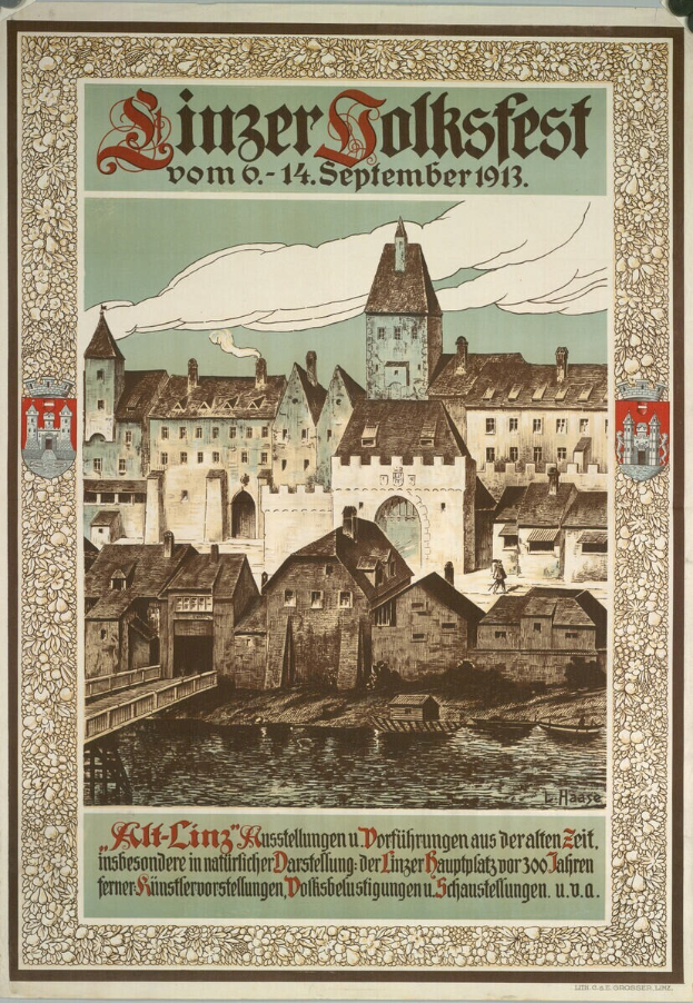 Ein altes Plakat, das ein Festival in Deutschland ankündigt, mit einem Schloss, das von Häusern umgeben ist, und Text, der Festivalinformationen enthält.