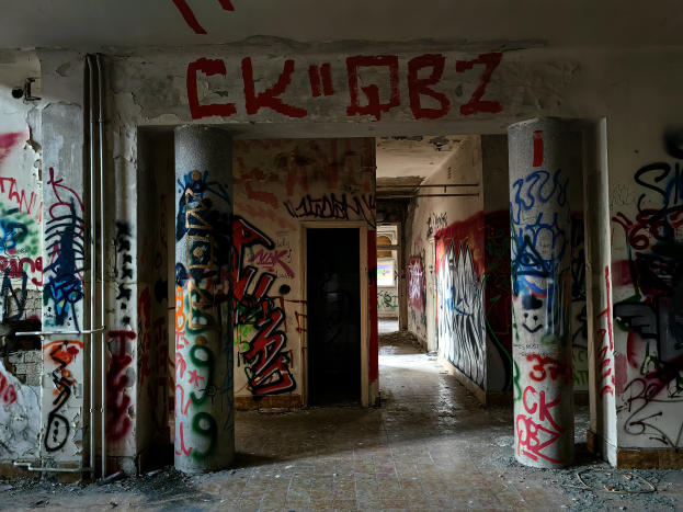 Ein verlassenes Gebäude mit Graffiti an den Wänden und Säulen, sichtbarer Boden, Rohre entlang der Wände und eine Tür im Hintergrund, die auf Verfall hindeutet.