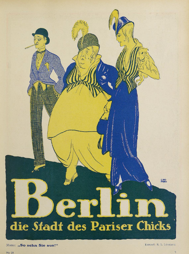 Ein Plakat, das ein Konzert in Berlin, Deutschland, ankündigt, mit einer Gruppe bunt gekleideter Menschen vor einem Gebäude mit der Aufschrift "Berlin - Die Stadt des Pariser Chicks" oben.