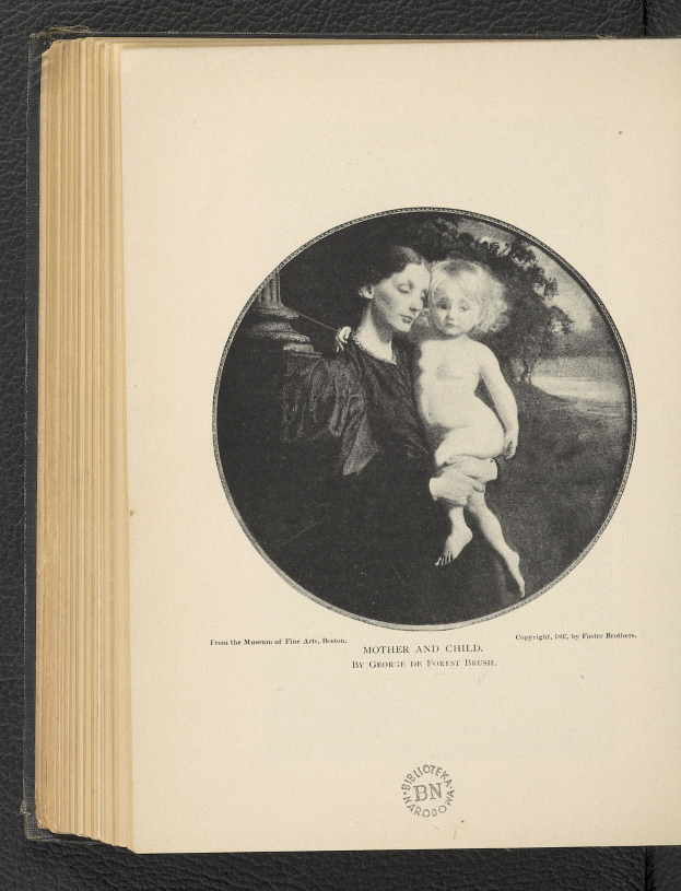 Ein aufgeschlagenes Buch mit einer Illustration einer Frau, die ein Baby hält, wobei beide zärtliche Ausdrücke zeigen, und der Text "Mutter und Kind" sichtbar ist.