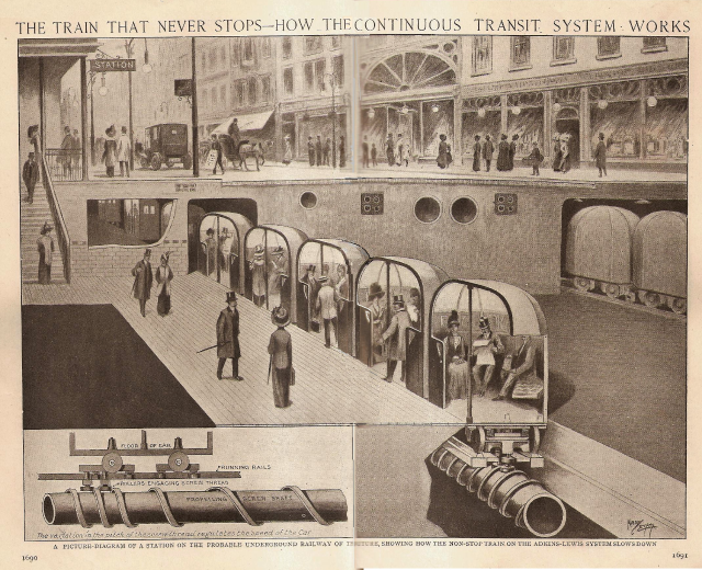 Ein Bild mit Menschen, Zügen und anderen Gegenständen sowie dem Text "Der Zug, der nie hält - wie das durchgehende Transportsystem funktioniert".