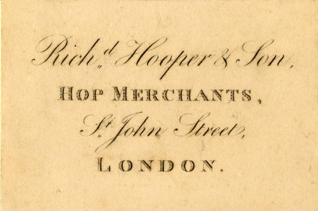 Geschäftskarte für Rich, Hooper & Son, Hopfenhändler, ansässig auf der St. John Street, London.