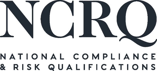 Weißer Hintergrund mit zentriertem fetten schwarzen Text "National Compliance & Risk Qualifications" in einem dünnen schwarzen Rahmen, in einer modernen professionellen Schriftart.