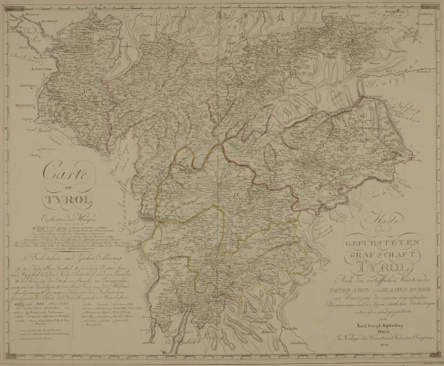 Ein detaillierter alter Stadtplan von Tirol, Deutschland, der Städte, Dörfer, geografische Merkmale und Text mit Informationen zur Bevölkerung, Straßen und Sehenswürdigkeiten zeigt.