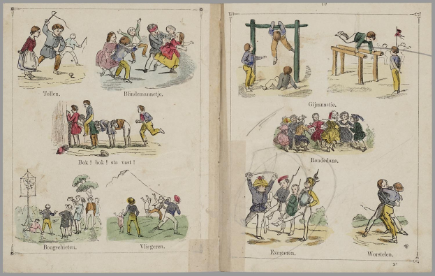 Ein offenes Buch mit Illustrationen von Menschen beim Sport wie Laufen, Springen und Ballspielen, jeweils begleitet von beschreibendem Text.