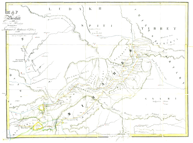 Eine 19. Jahrhundert-Karte des Britischen Empire, die die Himalaya-Gebirge hervorhebt, mit detaillierten Textanmerkungen.