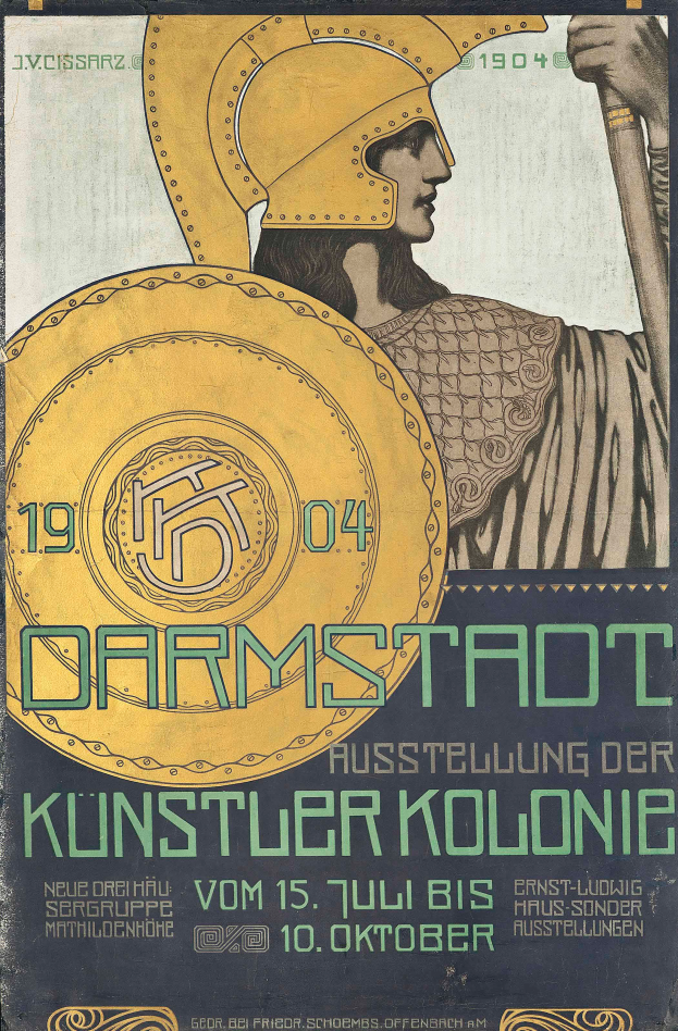 Plakatankündigung eines Konzerts in Berlin, Deutschland, 1904, mit einer Person in einem Helm, die ein Schild hält, und "Darmstadt" und "Künstlerkolonie" in fetter Schrift.