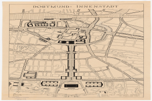 Detailierte Stadtplan-Posterkarte von Dortmund, Deutschland, mit Text oben und unten, zeigt Straßen, Gebäude und Sehenswürdigkeiten.