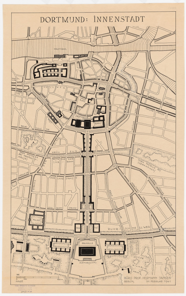 Detailierte Stadtplan-Posterkarte von Dortmund, Deutschland, mit Text oben und unten, zeigt Straßen, Gebäude und Sehenswürdigkeiten.