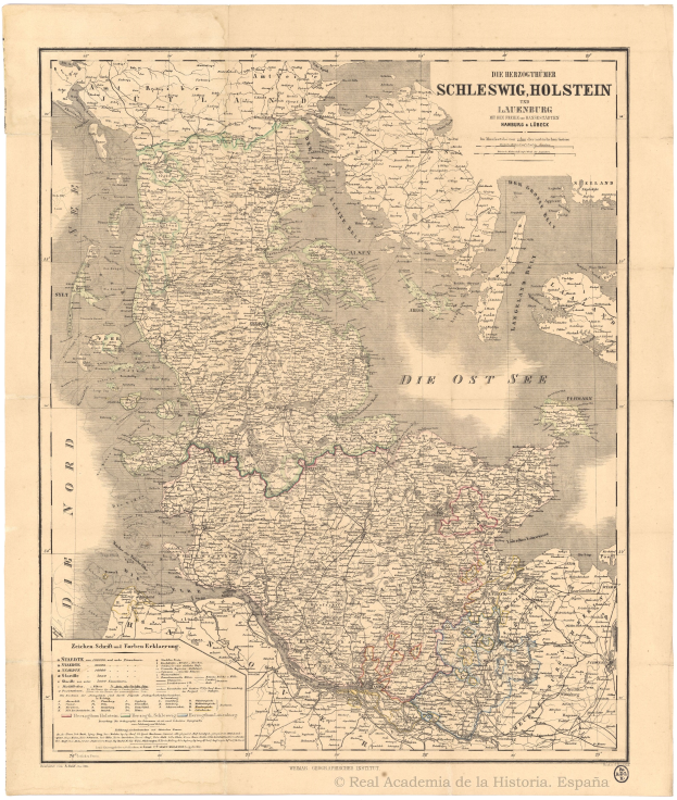 Eine alte Deutschlandkarte, die Schleswig-Holstein und den Rhein hervorhebt, mit detaillierten Texten über die Region.