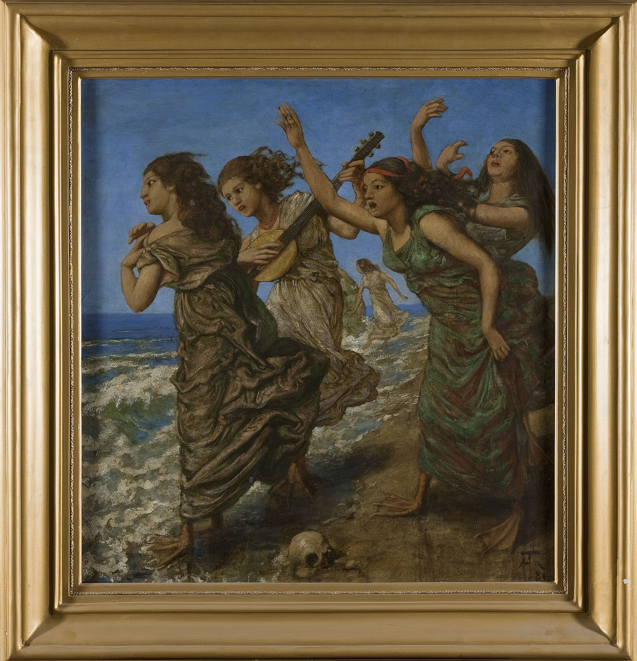 Bild einer Frau am Strand, die ein Musikinstrument hält, in einem klassischen Rahmen.